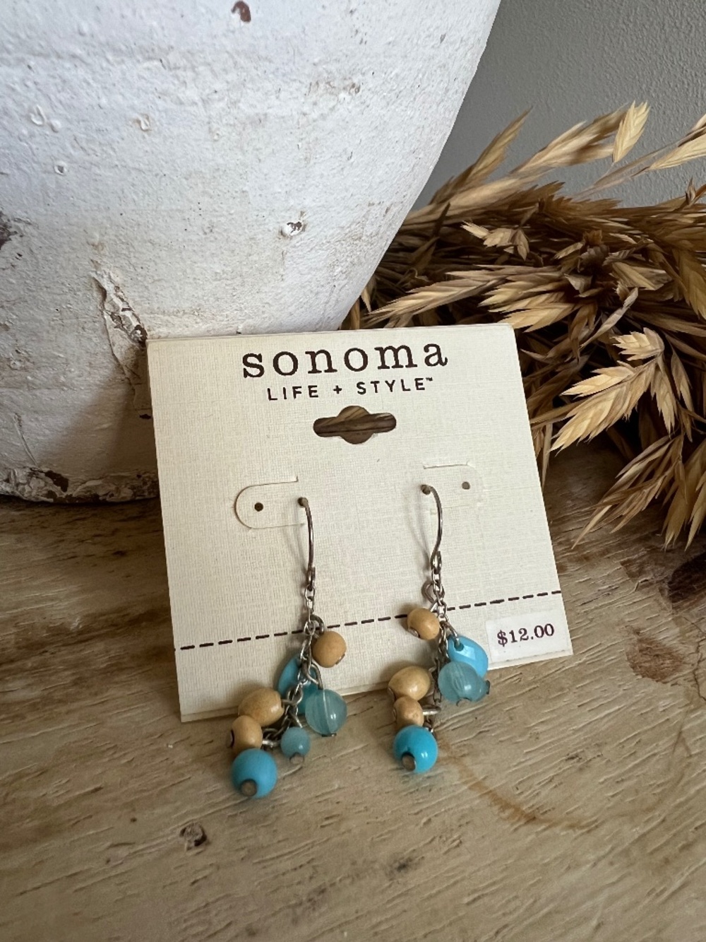 NWT Wood & Turquoise Colored Beaded Earrings